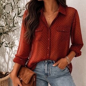 Passport Size XL Rust Polka Dot Sheer Blouse Hi Low Button Front